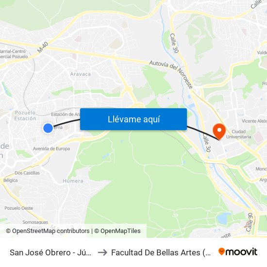 San José Obrero - Júpiter to Facultad De Bellas Artes (Ucm) map