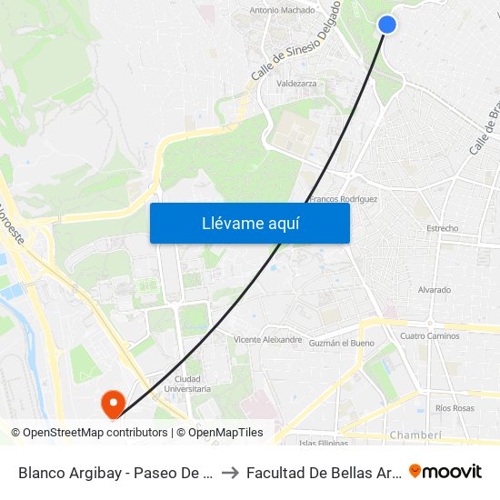 Blanco Argibay - Paseo De La Dirección to Facultad De Bellas Artes (Ucm) map