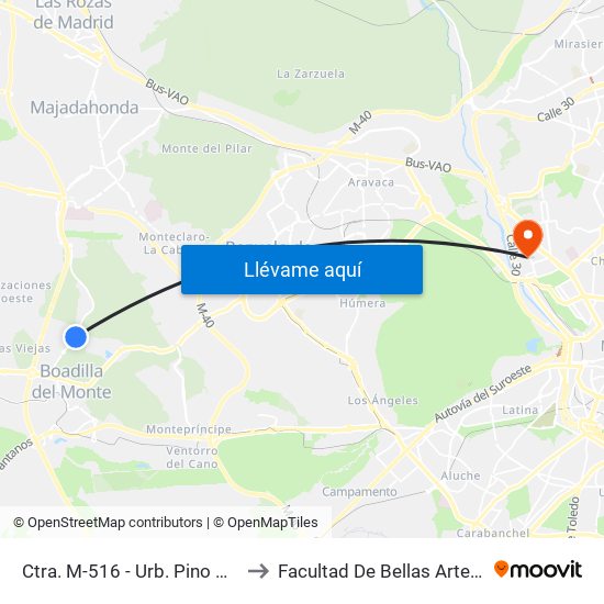 Ctra. M-516 - Urb. Pino Centinela to Facultad De Bellas Artes (Ucm) map