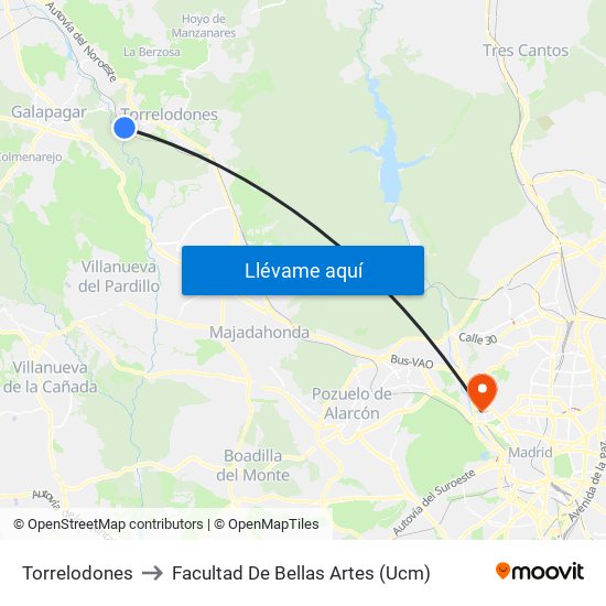 Torrelodones to Facultad De Bellas Artes (Ucm) map
