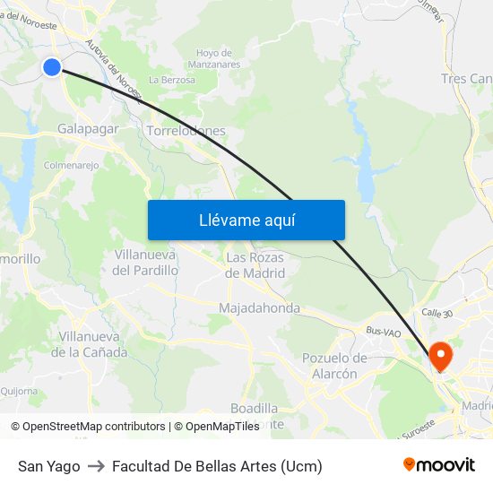 San Yago to Facultad De Bellas Artes (Ucm) map