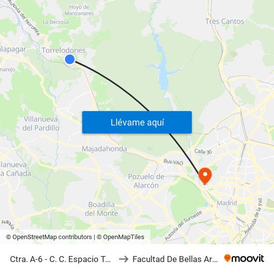 Ctra. A-6 - C. C. Espacio Torrelodones to Facultad De Bellas Artes (Ucm) map