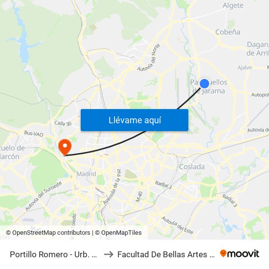 Portillo Romero - Urb. Pulido to Facultad De Bellas Artes (Ucm) map