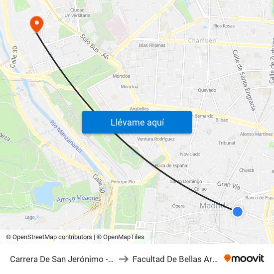 Carrera De San Jerónimo - Cedaceros to Facultad De Bellas Artes (Ucm) map