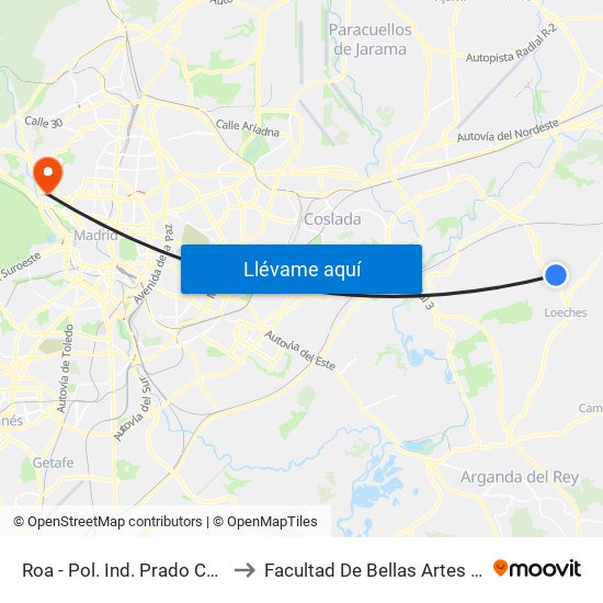 Roa - Pol. Ind. Prado Concejil to Facultad De Bellas Artes (Ucm) map