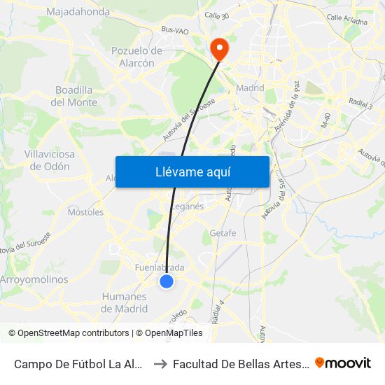 Campo De Fútbol La Aldehuela to Facultad De Bellas Artes (Ucm) map