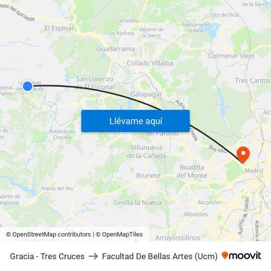 Gracia - Tres Cruces to Facultad De Bellas Artes (Ucm) map
