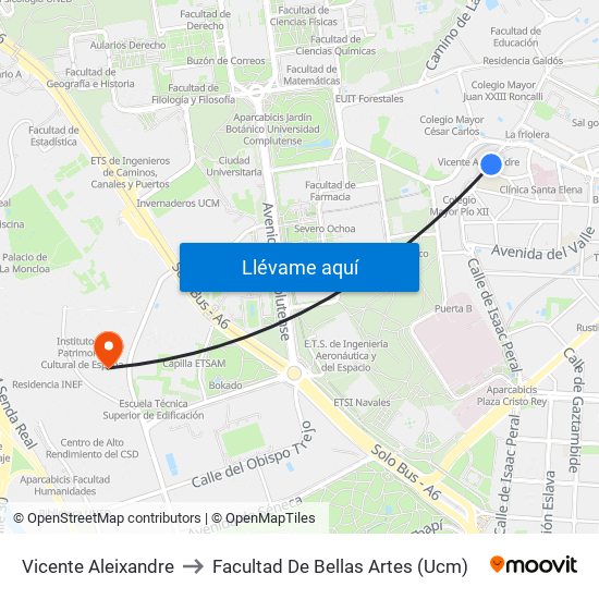 Vicente Aleixandre to Facultad De Bellas Artes (Ucm) map