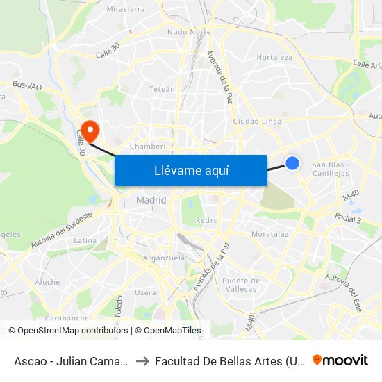 Ascao - Julian Camarillo to Facultad De Bellas Artes (Ucm) map