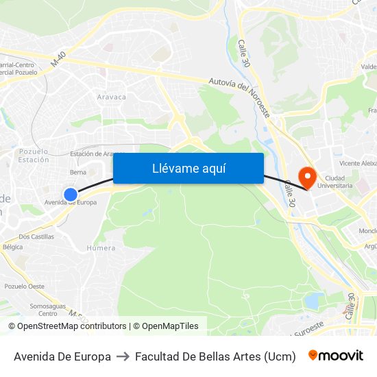 Avenida De Europa to Facultad De Bellas Artes (Ucm) map
