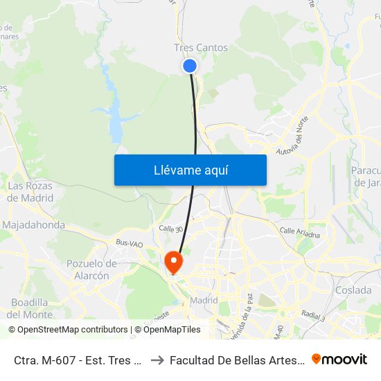 Ctra. M-607 - Est. Tres Cantos to Facultad De Bellas Artes (Ucm) map