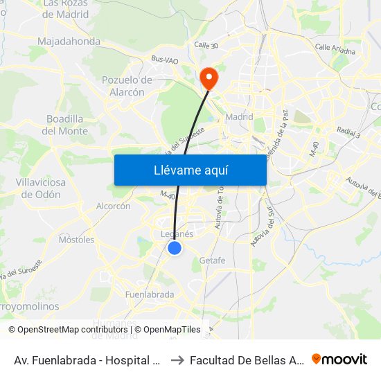 Av. Fuenlabrada - Hospital Severo Ochoa to Facultad De Bellas Artes (Ucm) map