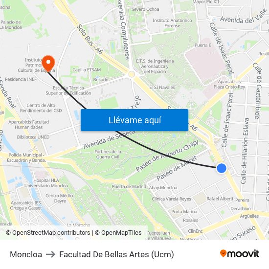 Moncloa to Facultad De Bellas Artes (Ucm) map