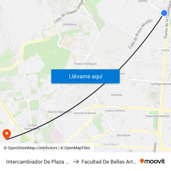 Intercambiador De Plaza De Castilla to Facultad De Bellas Artes (Ucm) map