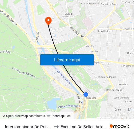 Intercambiador De Príncipe Pío to Facultad De Bellas Artes (Ucm) map