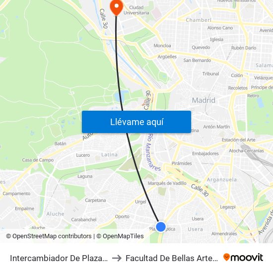Intercambiador De Plaza Elíptica to Facultad De Bellas Artes (Ucm) map