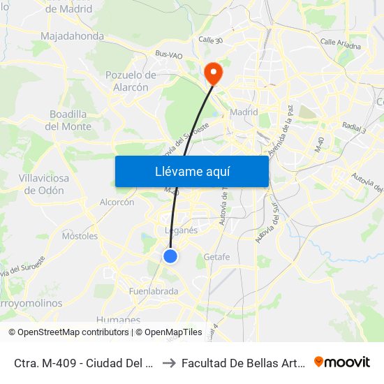 Ctra. M-409 - Ciudad Del Automóvil to Facultad De Bellas Artes (Ucm) map