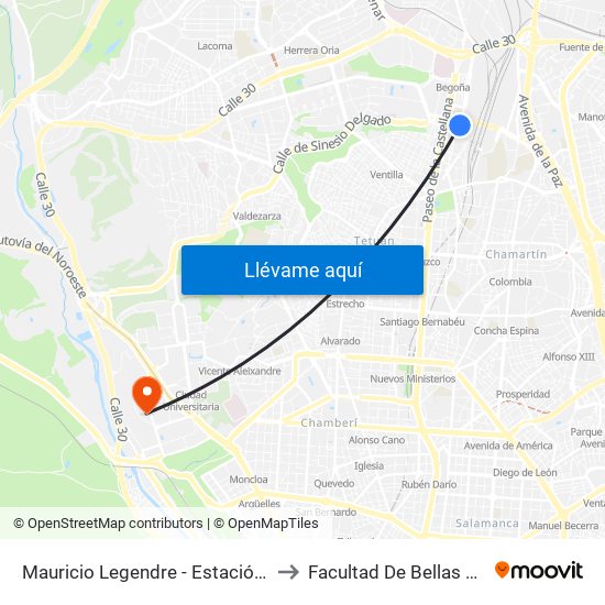 Mauricio Legendre - Estación De Chamartín to Facultad De Bellas Artes (Ucm) map