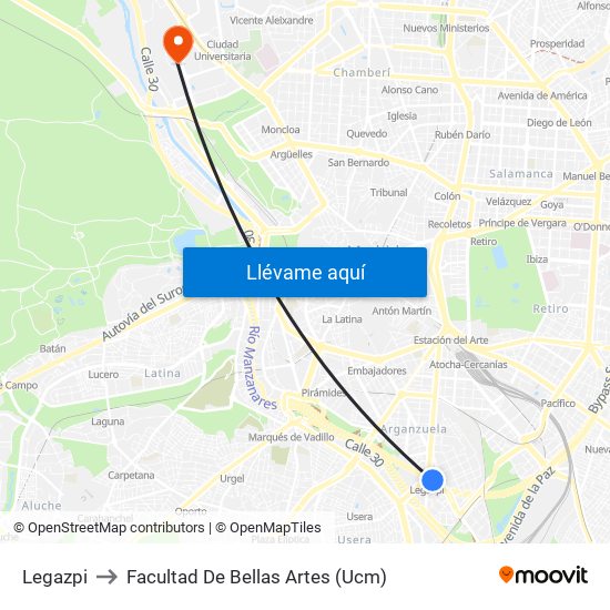 Legazpi to Facultad De Bellas Artes (Ucm) map