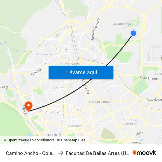 Camino Ancho - Colegio to Facultad De Bellas Artes (Ucm) map