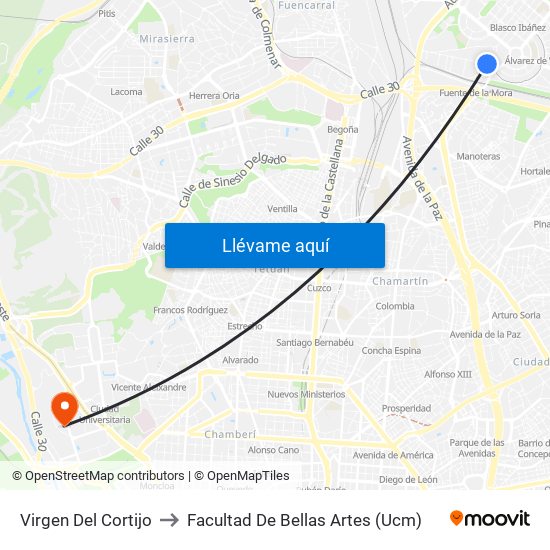 Virgen Del Cortijo to Facultad De Bellas Artes (Ucm) map