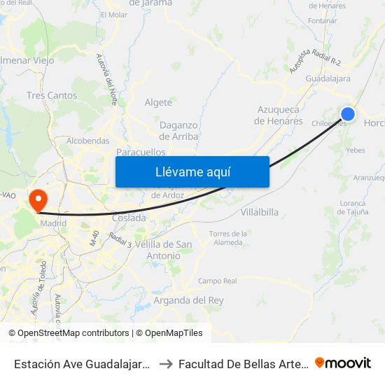 Estación Ave Guadalajara - Yebes to Facultad De Bellas Artes (Ucm) map