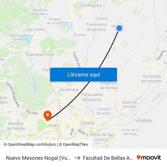 Nuevo Mesones Nogal (Vuelta), El Casar to Facultad De Bellas Artes (Ucm) map