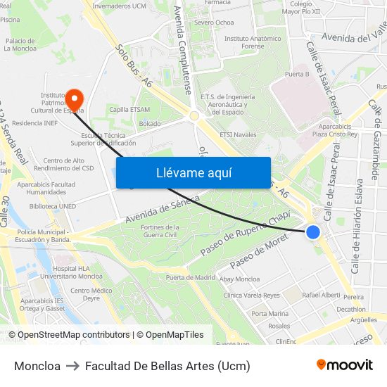 Moncloa to Facultad De Bellas Artes (Ucm) map