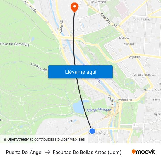 Puerta Del Ángel to Facultad De Bellas Artes (Ucm) map