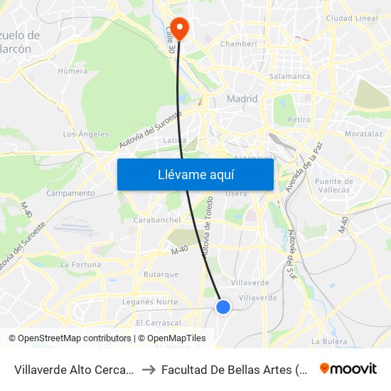 Villaverde Alto Cercanías to Facultad De Bellas Artes (Ucm) map