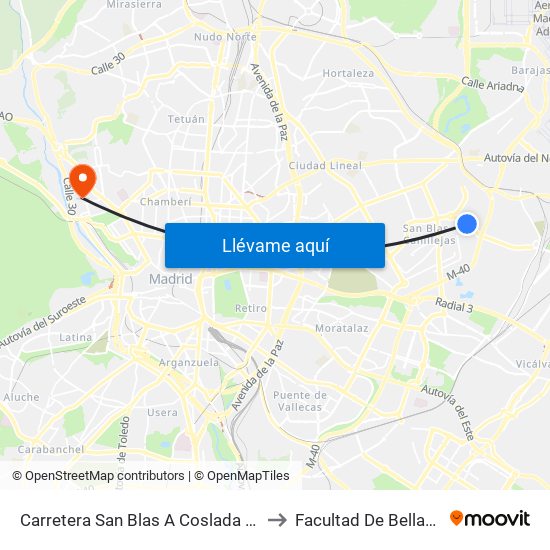 Carretera San Blas A Coslada Frente Metropolitano to Facultad De Bellas Artes (Ucm) map