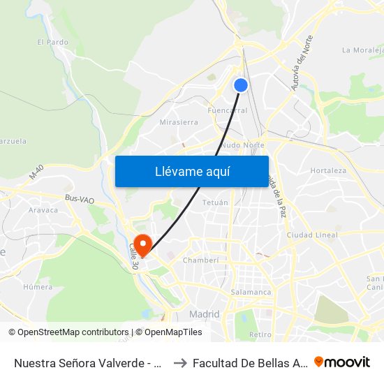 Nuestra Señora Valverde - Alonso Quijano to Facultad De Bellas Artes (Ucm) map