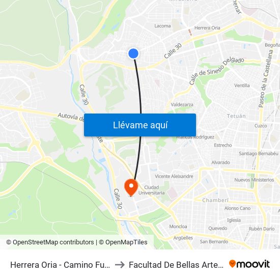 Herrera Oria - Camino Fuencarral to Facultad De Bellas Artes (Ucm) map