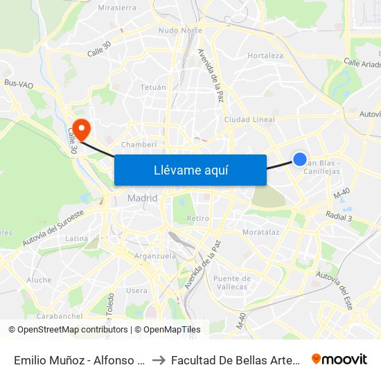 Emilio Muñoz - Alfonso Gómez to Facultad De Bellas Artes (Ucm) map