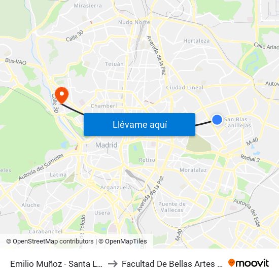 Emilio Muñoz - Santa Leonor to Facultad De Bellas Artes (Ucm) map