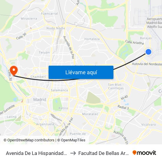 Avenida De La Hispanidad - Dique Sur to Facultad De Bellas Artes (Ucm) map