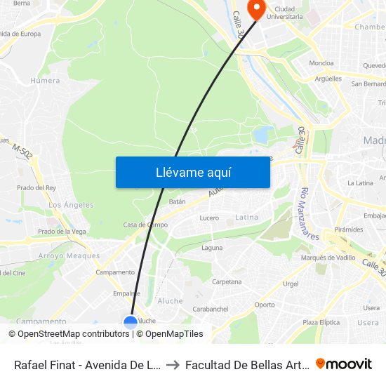 Rafael Finat - Avenida De Las Águilas to Facultad De Bellas Artes (Ucm) map