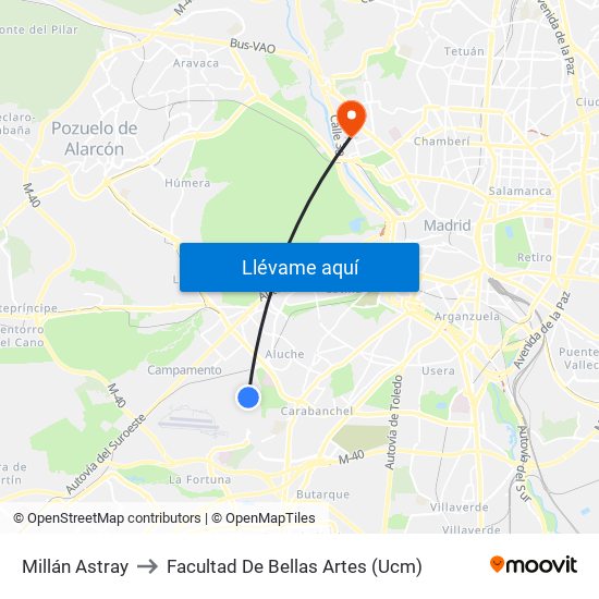 Millán Astray to Facultad De Bellas Artes (Ucm) map