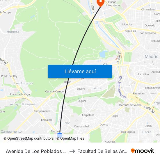 Avenida De Los Poblados - Comisaria to Facultad De Bellas Artes (Ucm) map