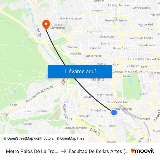 Metro Palos De La Frontera to Facultad De Bellas Artes (Ucm) map