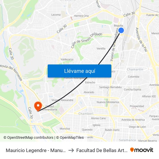 Mauricio Legendre - Manuel Caldeiro to Facultad De Bellas Artes (Ucm) map