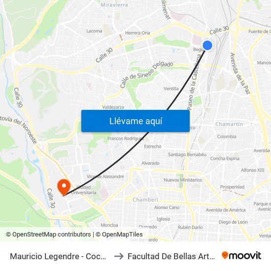 Mauricio Legendre - Cocheras Emt to Facultad De Bellas Artes (Ucm) map