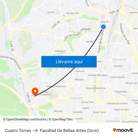 Cuatro Torres to Facultad De Bellas Artes (Ucm) map