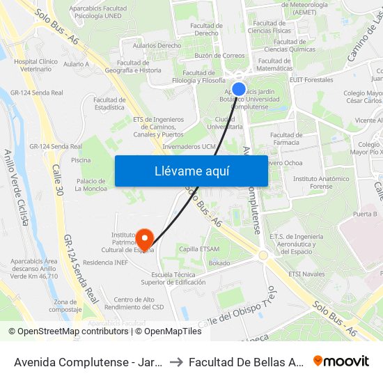 Avenida Complutense - Jardín Botánico to Facultad De Bellas Artes (Ucm) map