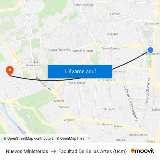 Nuevos Ministerios to Facultad De Bellas Artes (Ucm) map
