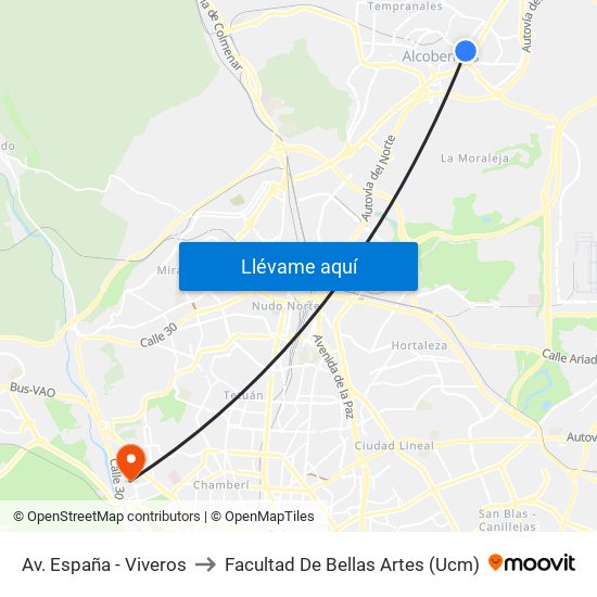 Av. España - Viveros to Facultad De Bellas Artes (Ucm) map