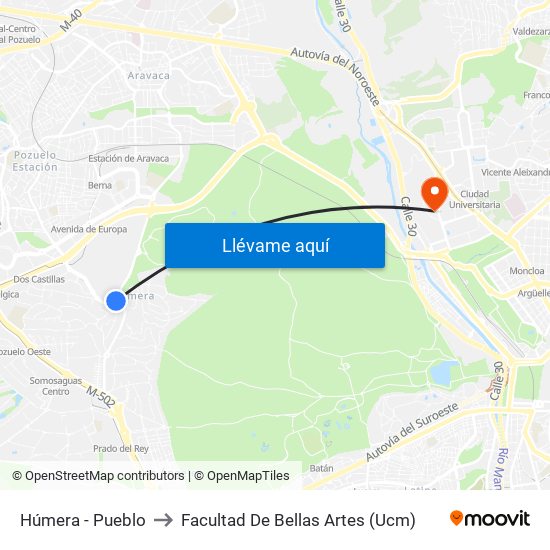 Húmera - Pueblo to Facultad De Bellas Artes (Ucm) map