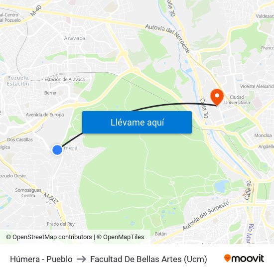 Húmera - Pueblo to Facultad De Bellas Artes (Ucm) map