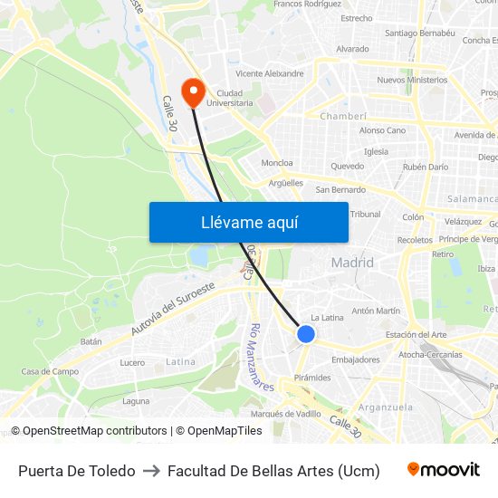 Puerta De Toledo to Facultad De Bellas Artes (Ucm) map