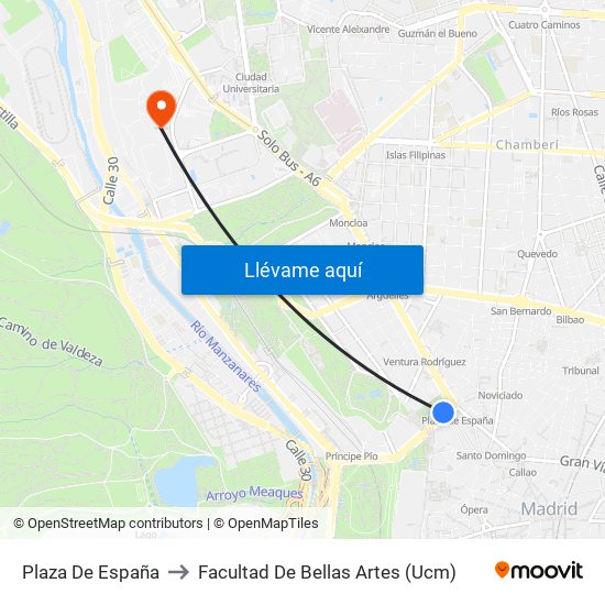 Plaza De España to Facultad De Bellas Artes (Ucm) map